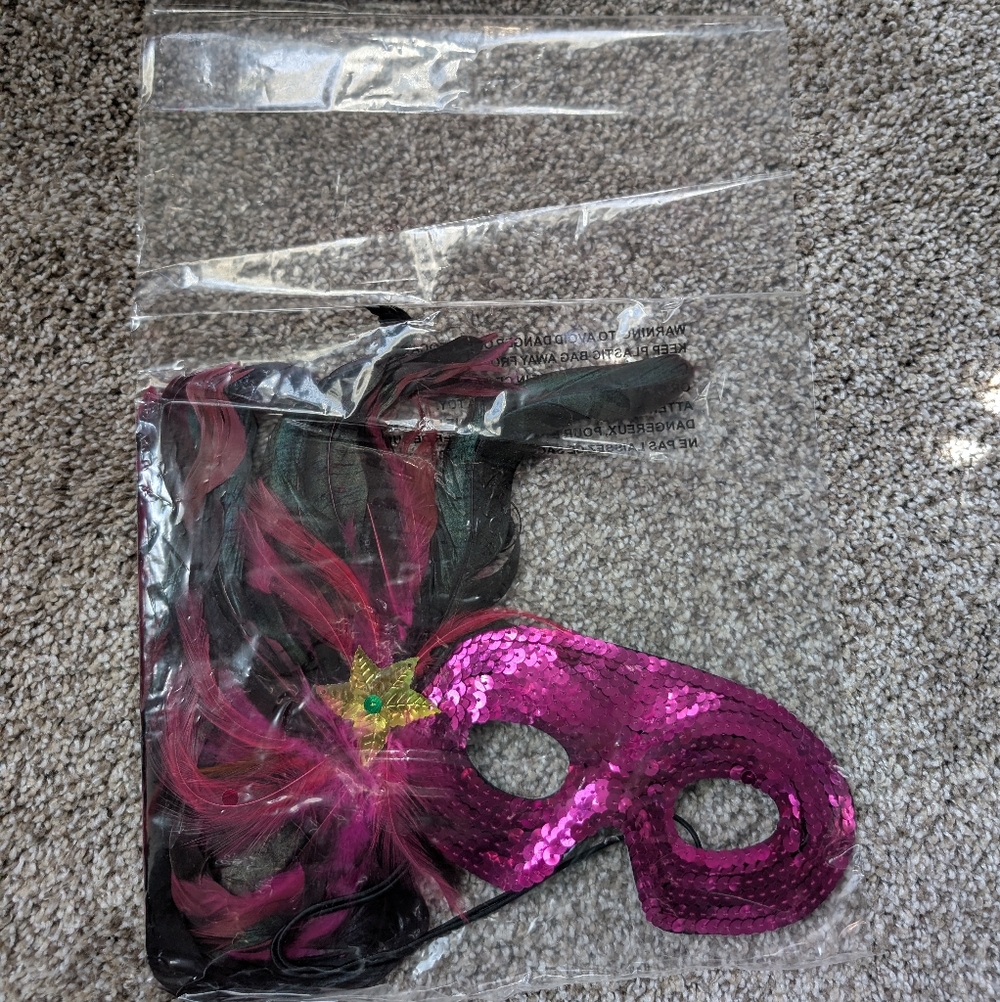 New! Purple Sequin Mask with Feathers Mardi Gras